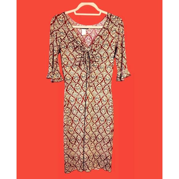 VTG 90s Sheath Dress Med Red Tan Floral Bell Sleeve Knee-length Made In USA - Picture 1 of 10